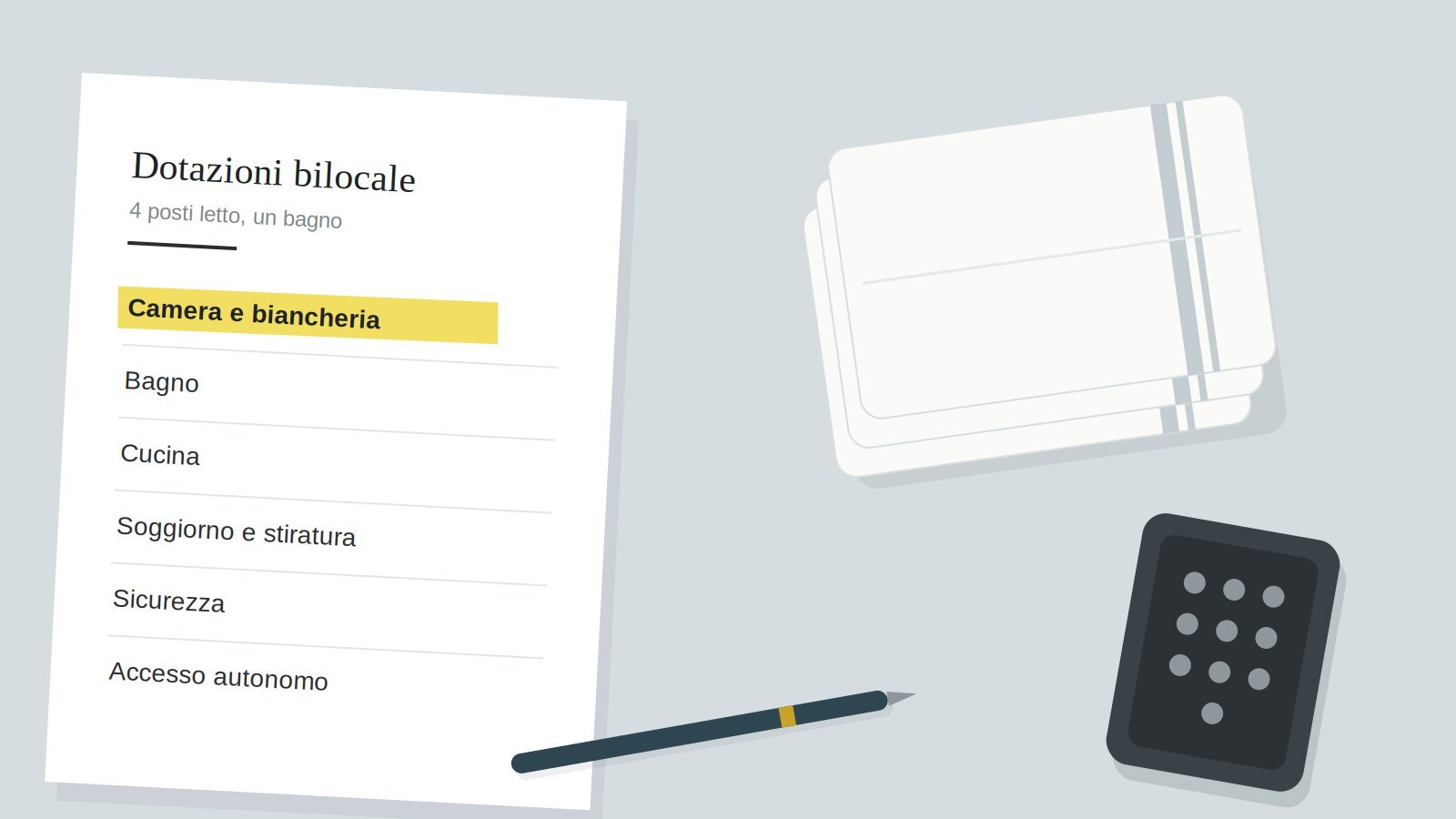 Elenco delle dotazioni di un bilocale da quattro posti letto, per ambiente