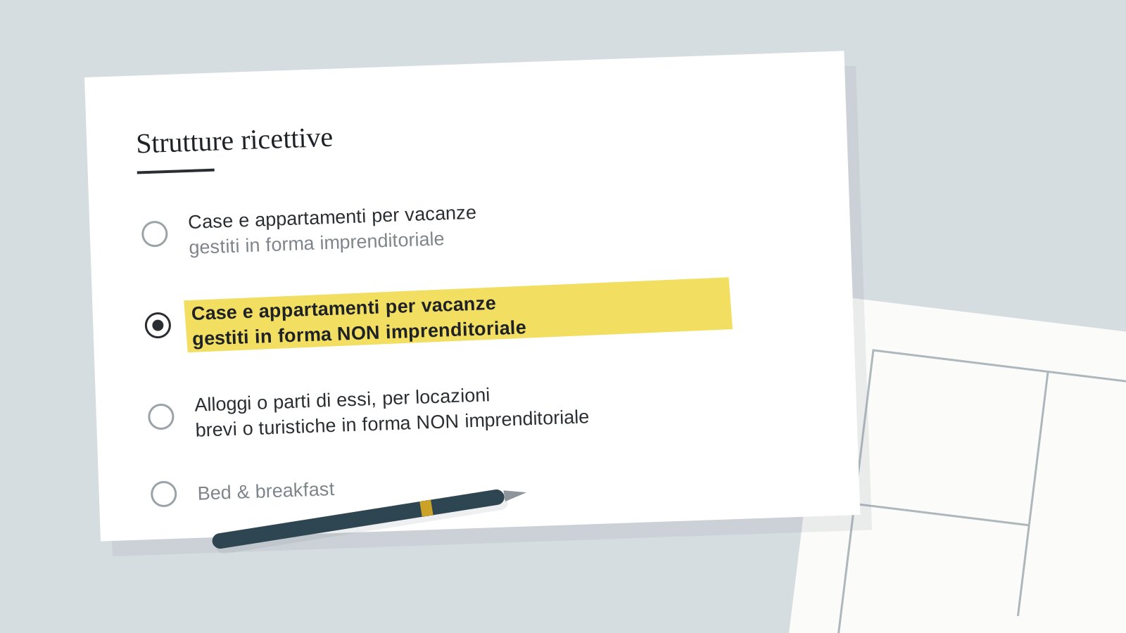 Le due voci da scegliere nella pratica: locazione turistica o casa e appartamento per vacanze